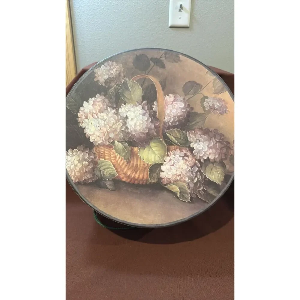 Vintage Flowered Cardboard Hat Box with Lid 15 inches Diameter